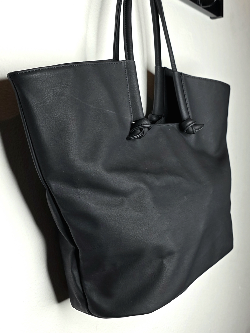 Anthropologie Black Faux Leather Knotted Slouchy Tote Bag Large Hobo with Pouch